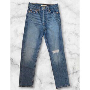 Levi's Wedgie Straight Leg Jeans Womens Sz 25 Dark Wash Distressed Button Fly